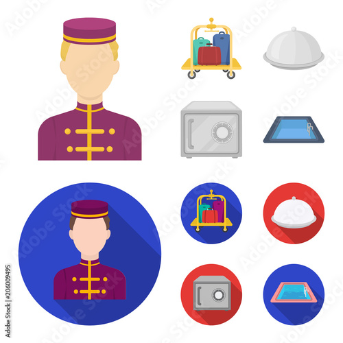 Trolley with luggage, safe, swimming pool, clutch.Hotel set collection icons in cartoon,flat style vector symbol stock illustration web.