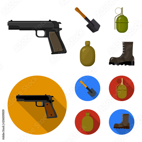 Sapper blade, hand grenade, army flask, soldier boot. Military and army set collection icons in cartoon,flat style vector symbol stock illustration web.