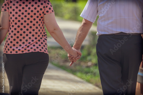 Grandpa and grandmother are walking in the park