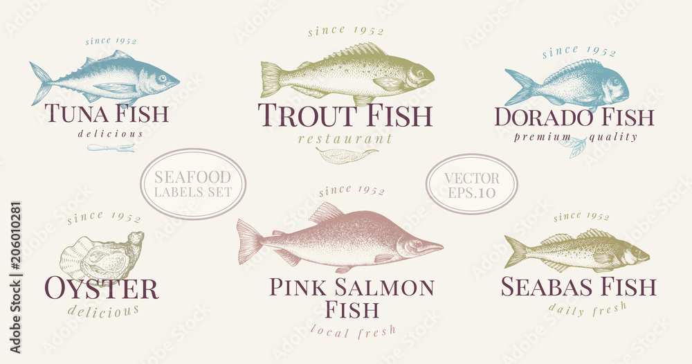 Hand drawn fish and seafood labels set in retro style. Vector logo  templates. Labels can be use for restaurant menu fish shop market. Stock  Vector | Adobe Stock