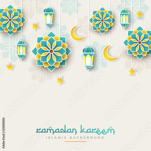 Ramadan Kareem concept banner with islamic geometric patterns and frame. Paper cut flowers, traditional lanterns, moon and stars on dark green tosca background color. Vector illustration photo