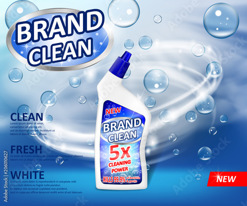 Realistic plastic cleaner container Advertising poster. Liquid detergent with soap bubbles and swirl on blue background. Cleaner for bathroom and toilet. 3d Vector illustration