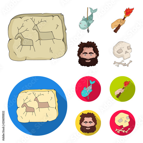 Primitive, fish, spear, torch .Stone age set collection icons in cartoon,flat style vector symbol stock illustration web.
