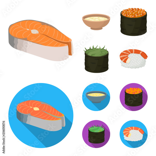 Bowl of soup, caviar, shrimp with rice. Sushi set collection icons in cartoon,flat style vector symbol stock illustration web.