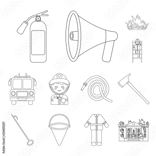 Fire Department outline icons in set collection for design. Firefighters and equipment vector symbol stock web illustration. photo