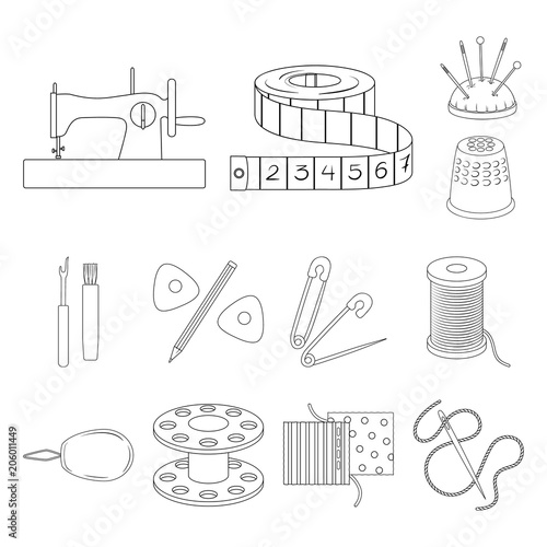 Sewing, atelier outline icons in set collection for design. Tool kit vector symbol stock web illustration. photo