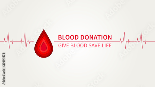 Blood Donation vector illustration. Blood Donation creative concept with cardiogram element and paper cut style red drop. Lifesaver campaign poster template graphic design.