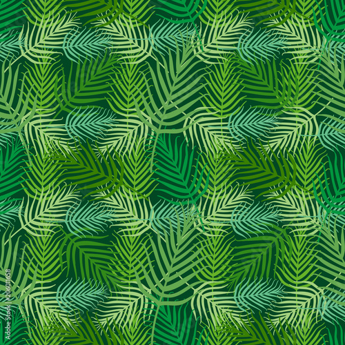 Summer tropical palm leafs pattern vector seamless. Exotic jungle texture background. Green design for wallpaper, fashion apparel, swimwear fabric, beach party cards or vacation illustration.