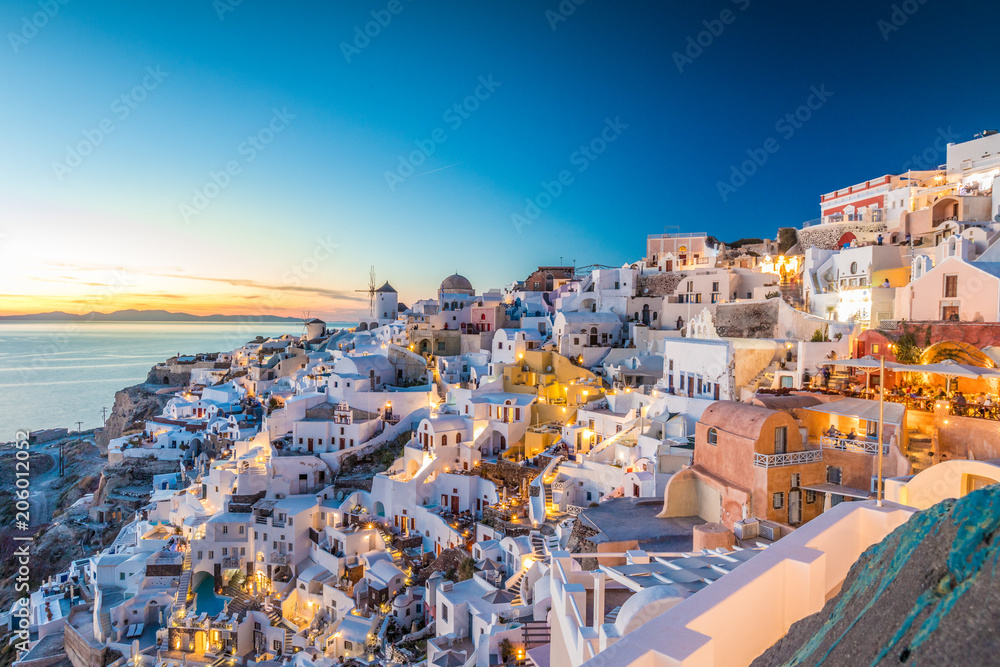 Sunset in Oia town in Santorini Island Greece