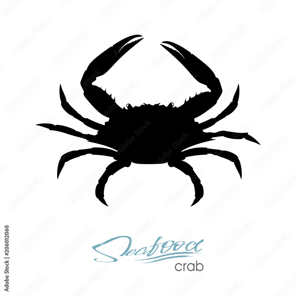 Silhouette crab. Crab badge for design seafood packaging and market, food packaging or underwater sea animal themes design. Vector illustration.
