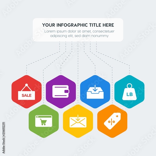 Flat geometric security, email, shopping infographic steps template with 7 options for presentations, advertising, annual reports