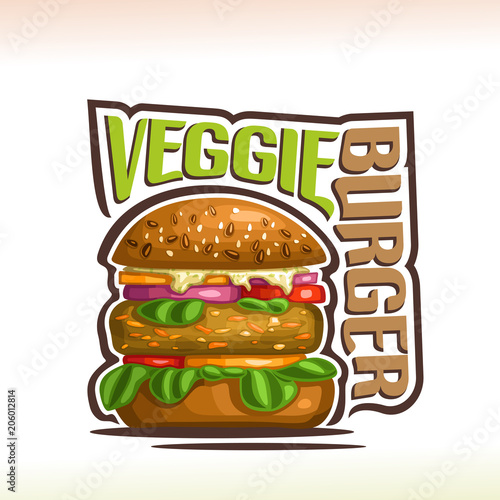 Vector logo for Veggie Burger, on poster bun with quinoa seeds, bean patty and vegetables with leaf of spinach in hamburger, original typeface for words veggie burger, illustration for fast food cafe.