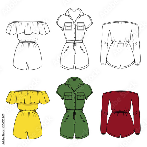 Trendy women's jumpsuits. Vector clothing set isolated on white.