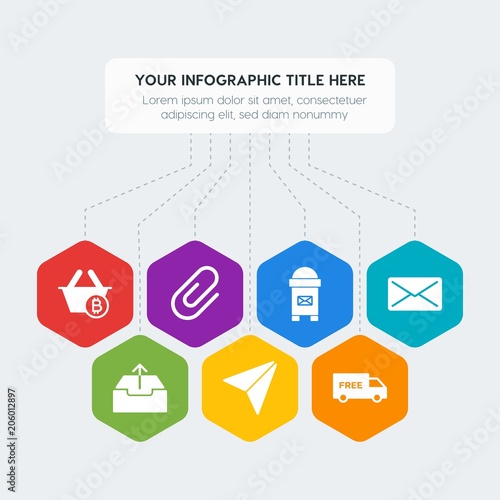 Flat geometric security, email, shopping infographic steps template with 7 options for presentations, advertising, annual reports