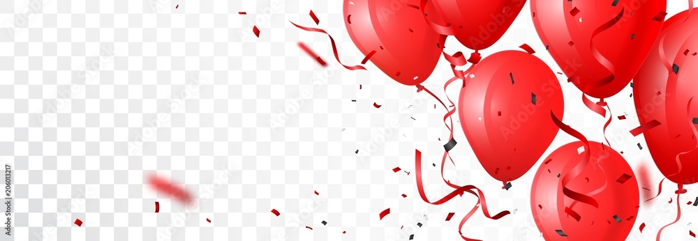 celebration banner with red balloon and confetti - obrazy, fototapety, plakaty 