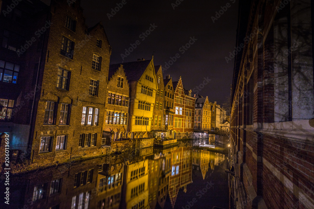 View of Ghent at night in Belgium
