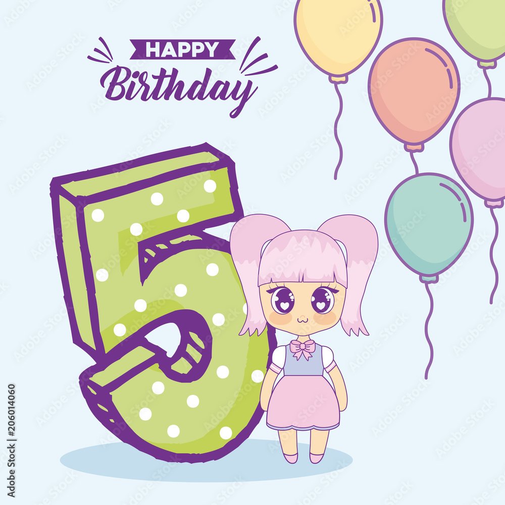 Happy birthday design with Kawaii Anime girl and number 5 over blue background, colorful design. vector illustration Stock Vector | Adobe Stock Happy birthday design with Kawaii Anime girl and number 5 over blue background, colorful design. vector illustration Stock Vector | Adobe Stock