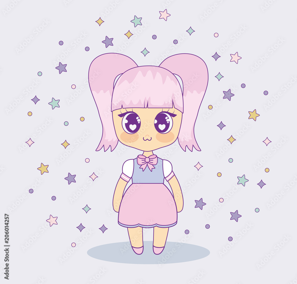 kawaii anime girl with decorative stars around over pink background, colorful design. vector illustration kawaii anime girl with decorative stars around over pink background, colorful design. vector illustration