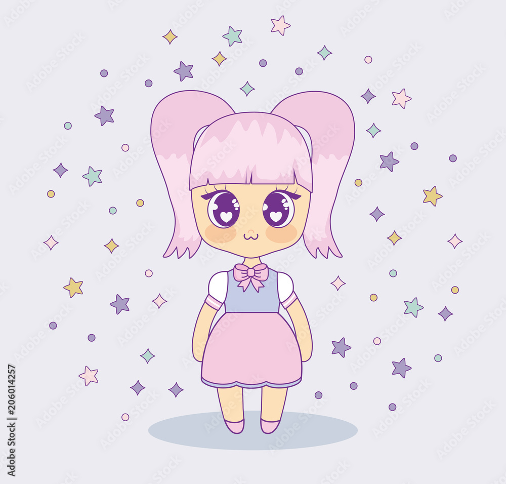 kawaii anime girl with decorative stars around over pink background, colorful design. vector illustration