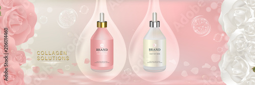 Beauty Product, white and pink cosmetic containers with advertising background ready to use, luxury skin care ad, illustration vector.