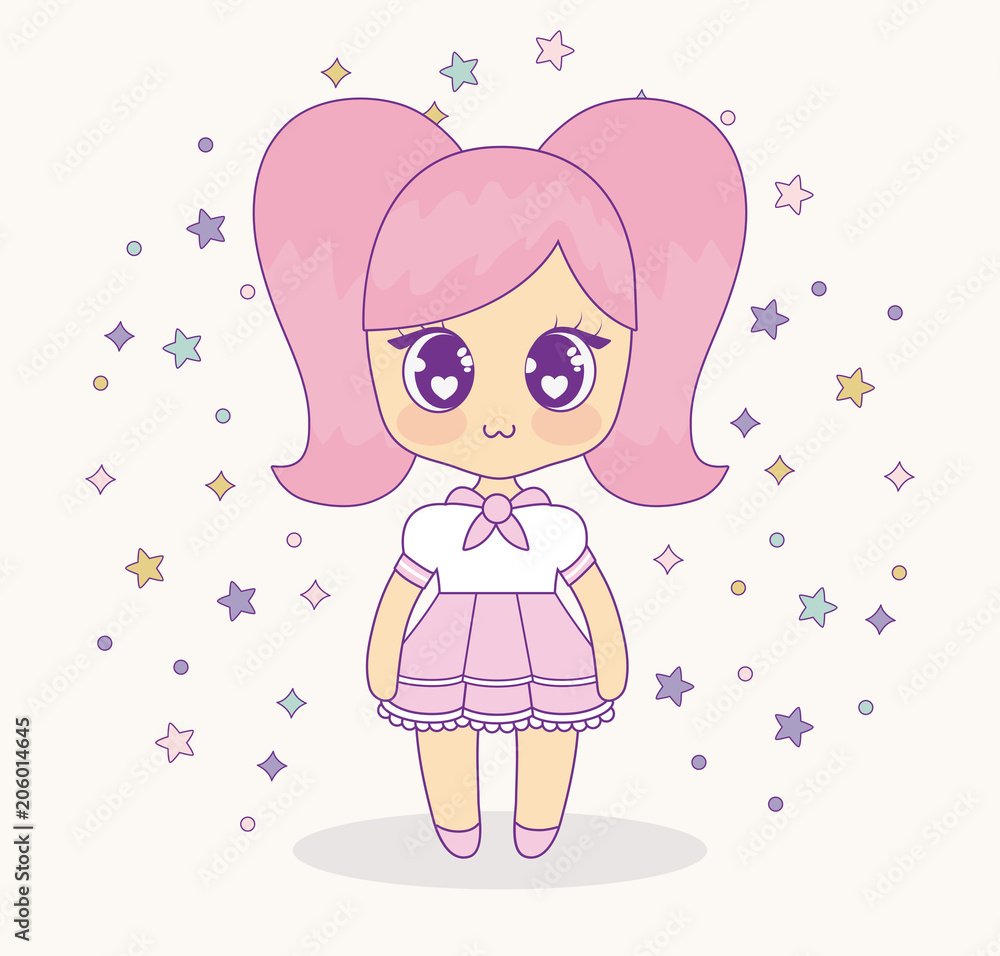 kawaii anime girl with decorative stars around over pink background, colorful design. vector illustration kawaii anime girl with decorative stars around over pink background, colorful design. vector illustration