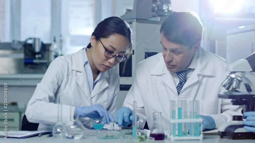 Group of three scientists studying liquid in Florence flask when working in laboratory, tracking shot Group of three scientists studying liquid in Florence flask when working in laboratory, tracking shot