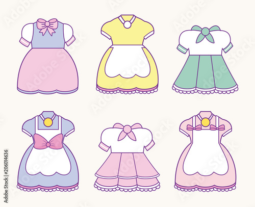 icon set of anime womans costumes over pink background, colorful design. vector illustration