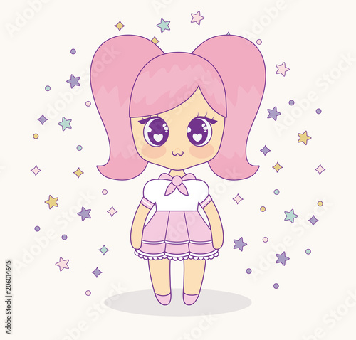 kawaii anime girl with decorative stars around over pink background  colorful design. vector illustration