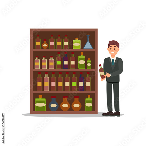 Man in formal suit standing near shelf with alcoholic beverages. Vendor holding bottle of vine. Liquor store. Flat vector design