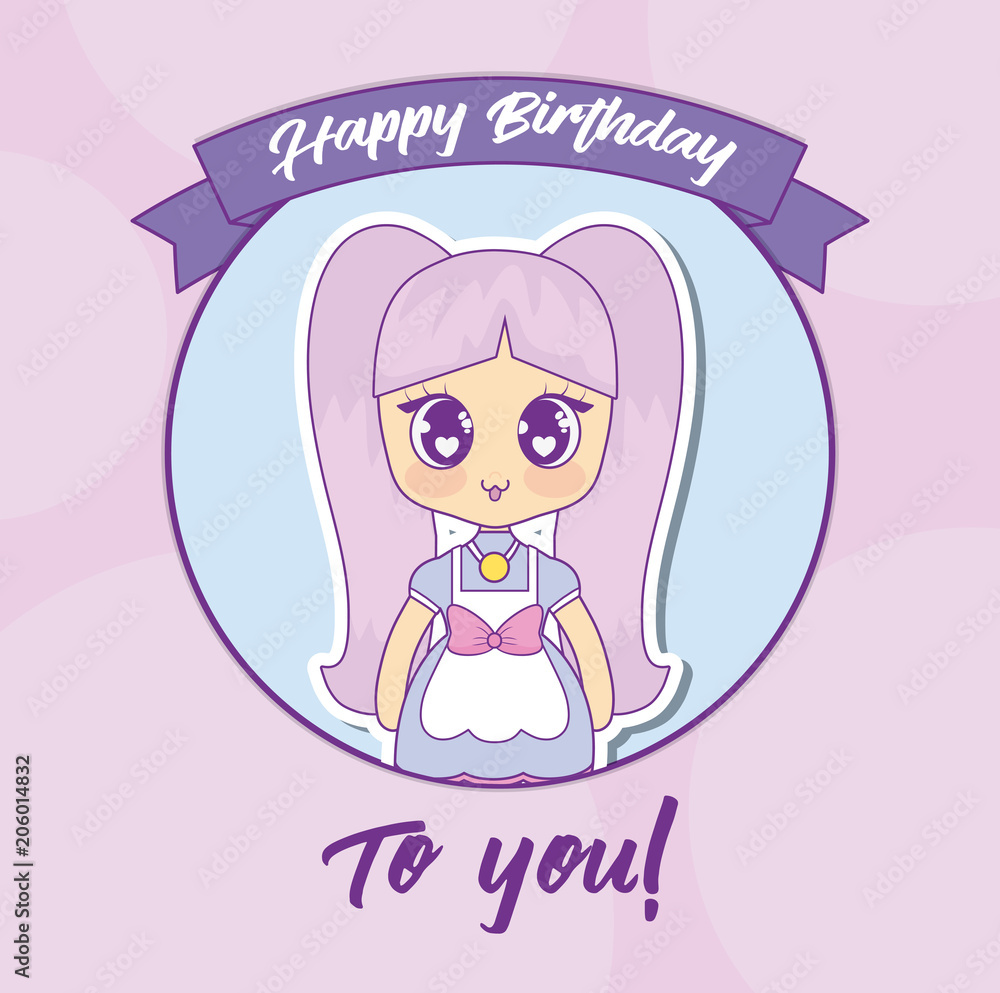 kawaii anime girl and decorative ribbon over pink background, colorful design. vector illustration kawaii anime girl and decorative ribbon over pink background, colorful design. vector illustration
