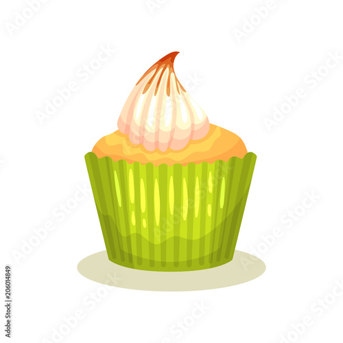 Tasty lemon muffin with cream on top. Delicious cupcake in green wrapper baking cup. Flat vector element for bakery store or cafe menu