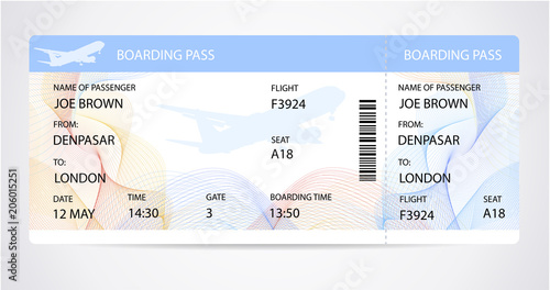 Boarding pass (ticket, traveler check template) with aircraft (airplane or plane) silhouette on guilloche background. Travel by Aerial Transport. Enjoy your vacation. Isolated vector on white
