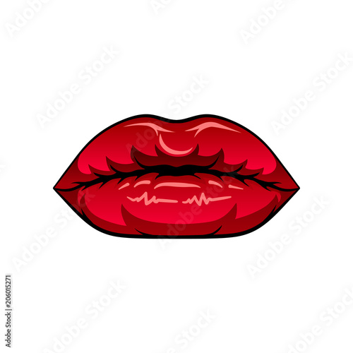 Glamour female lips with bright red lipstick. Woman s mouth. Flat vector design for mobile app, sticker or poster