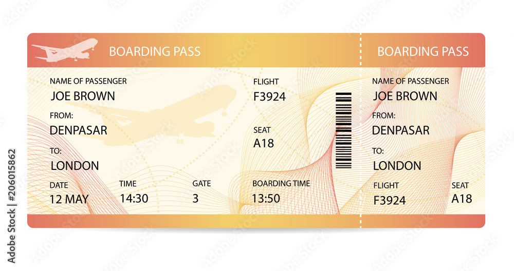 Fototapeta Boarding pass (ticket, traveler check template) with gift bow, aircraft (airplane or plane) silhouette on guilloche background. Travel by Aerial Transport. Enjoy your vacation. Isolated vector