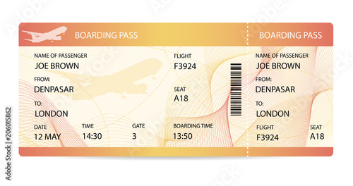 Boarding pass (ticket, traveler check template) with gift bow, aircraft (airplane or plane) silhouette on guilloche background. Travel by Aerial Transport. Enjoy your vacation. Isolated vector