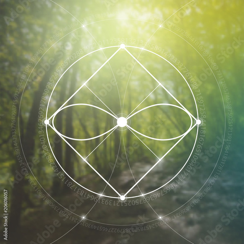 Interlocking circles and triangles hipster sacred geometry illustration with golden ratio digits in front of photographic background.