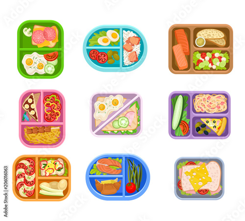 Flat vector set of lunch boxes plastic trays with delicious meal. Appetizing food. Salmon fish, fresh vegetables, eggs and sandwiches