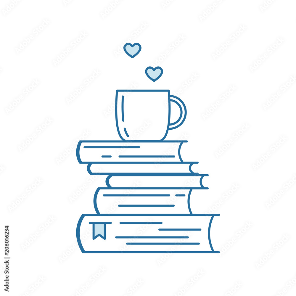 Fototapeta premium Pile of books and coffee or tea cup with heart symbols. I love reading concept for libraries, book stores, festivals, fairs and schools. Line icon. Vector illustration isolated on white.