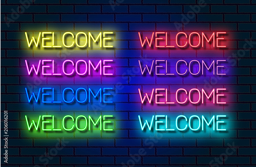 Set of neon welcome inscriptions of various colours. Glowing letters with shining effect on dark brick background. Vector illustration isolated  neon electric lamp shapes in retro style.