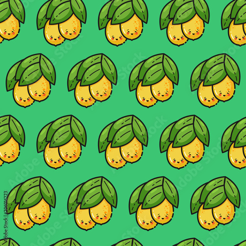 Seamless pattern with kawaii lemons, cute flat line style. Background for food themed products: package, kitchen textile and accessories, menu, food markets etc.Vector illustration.