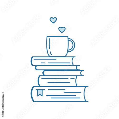 Pile of books and coffee or tea cup with heart symbols. I love reading concept for libraries, book stores, festivals, fairs and schools. Line icon. Vector illustration isolated on white.