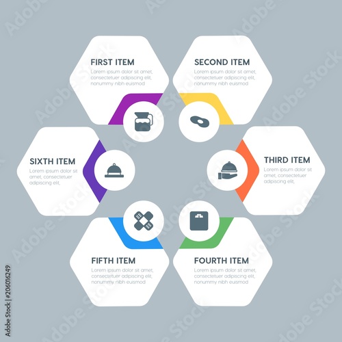 Flat geometric food, health, hotel, drinks infographic steps template with 6 options for presentations, advertising, annual reports.