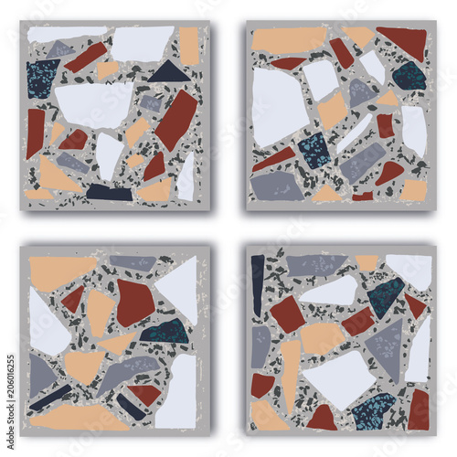 Terrazzo floor marble hand crafted tile. Traditional venetian material.Granite and quartz rocks and sprinkles mixed on polished surface. Vector element for architecture designs