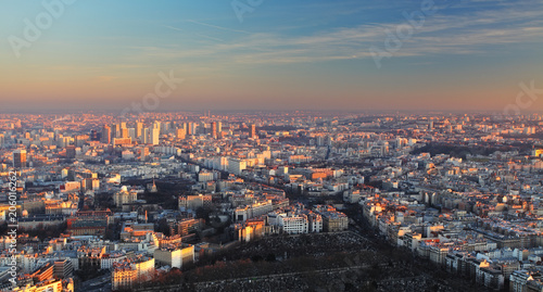 Paris city panorama - aerial view at sunset