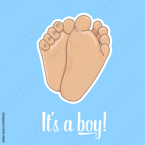 It is a boy announcement illustration. Newborn baby foot soles, barefoot, bottom view. Vector illustration, cartoon style. Tiny plump feet with cute heels and toes, isolated on blue background.