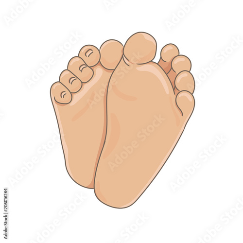 Newborn baby foot soles, barefoot, bottom view. Tiny plump feet with cute heels and toes. Realistic caucasian skin colours. Vector illustration, hand drawn cartoon style, isolated on white.
