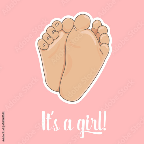 It is a girl announcement illustration. Newborn baby foot soles, barefoot, bottom view. Vector illustration, cartoon style. Tiny plump feet with cute heels and toes, isolated on pink background.