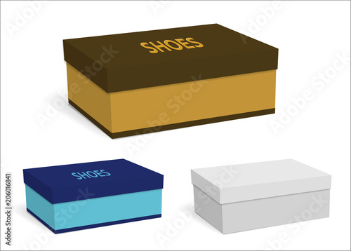 Colorful templates of empty boxes for shoes. You can apply your design. Brown, blue and white boxes isolated on white background. Vector illustration.