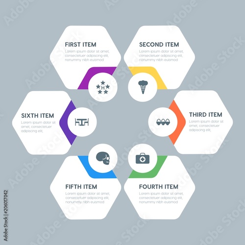 Flat geometric food, health, hotel, drinks infographic steps template with 6 options for presentations, advertising, annual reports.