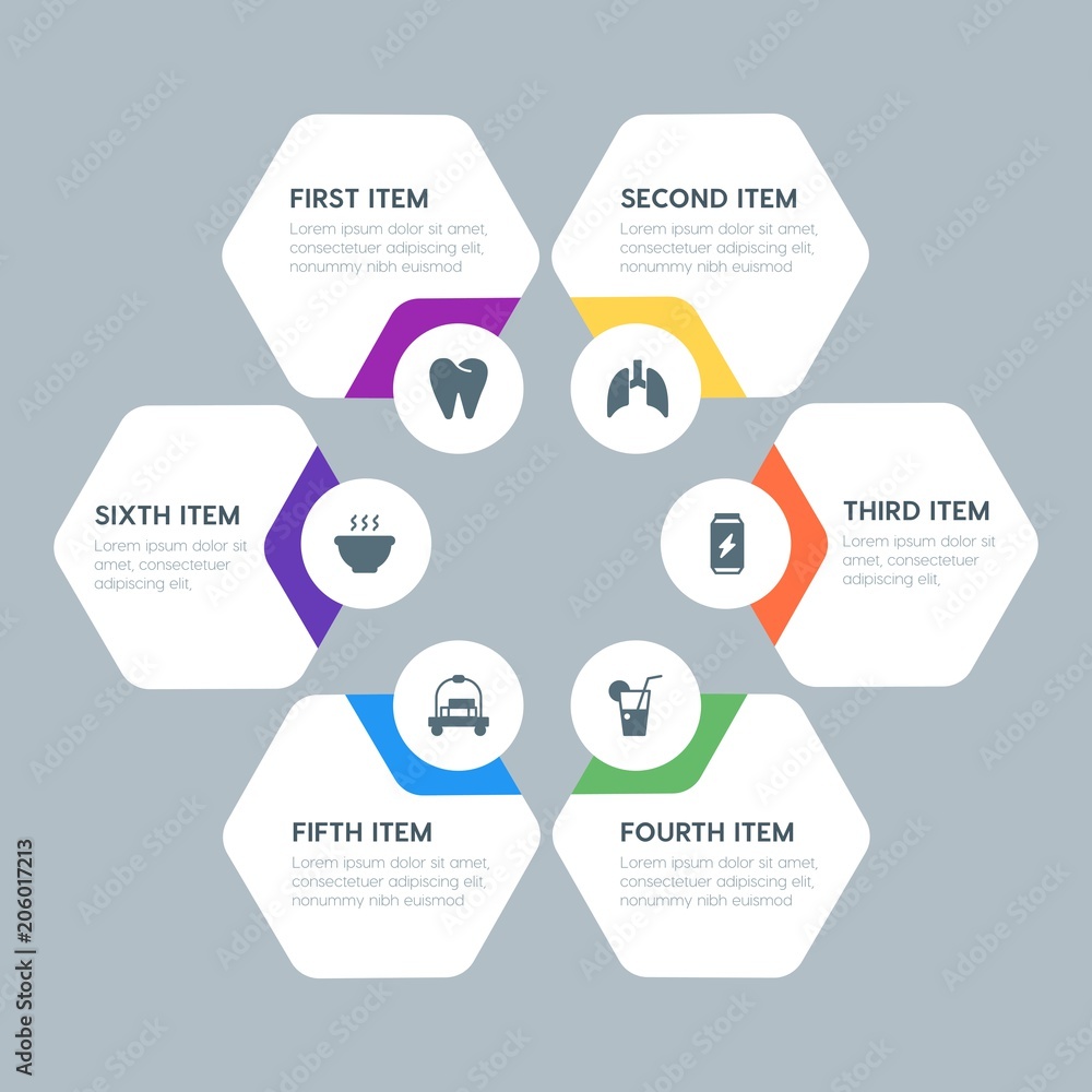 Fototapeta premium Flat geometric food, health, hotel, drinks infographic steps template with 6 options for presentations, advertising, annual reports.